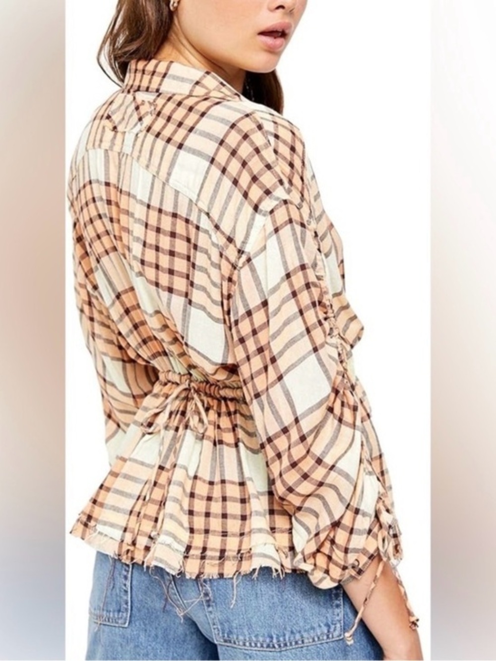 Plaid Drawstring Waist Button-Up Top in Beige